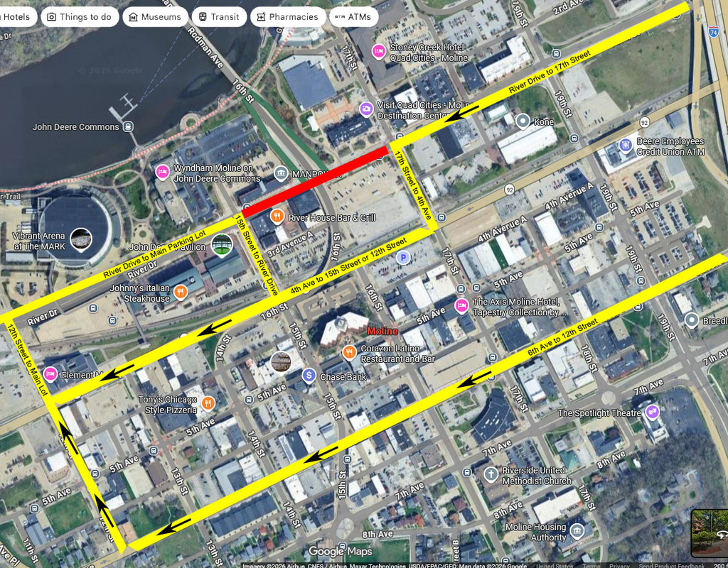Map of downtown Moline near the Vibrant Arena at the Mark with highlighted areas to signify road construction and detour options to use during graduation.