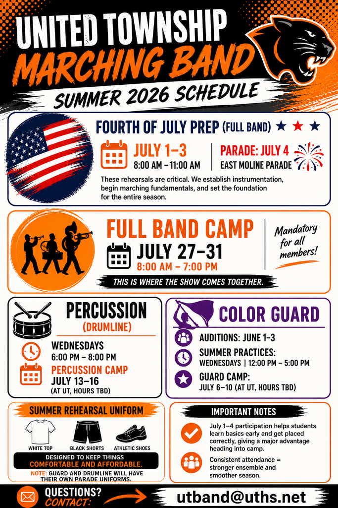 Infographic for summer marching band activities. Images included on page are panther head, flag, stars, fireworks, students marching while holding instruments, a drum, a flag being twirled, a shirt, shorts and athletic shoe.