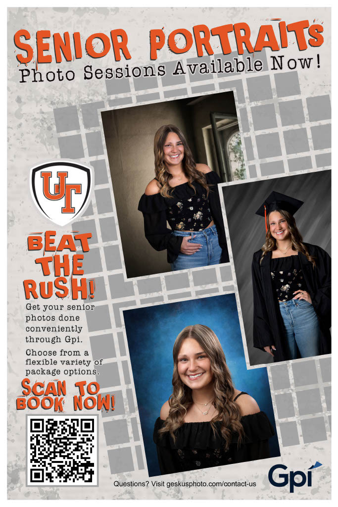 Senior portrait poster with image of young lady in three different poses on three different backgrounds.