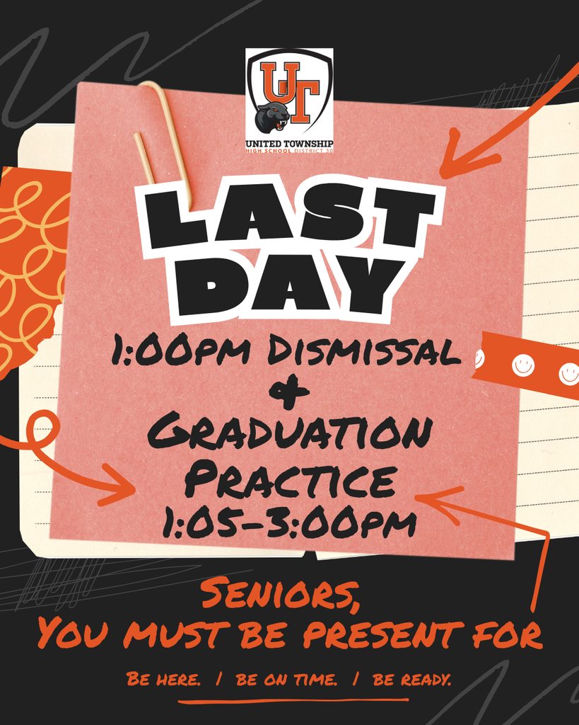 Infographic for last day of school and graduation practice with post it, notecard, arrows, the UTHS Crest with panther head, paper clips and other abstract shapes and lines.