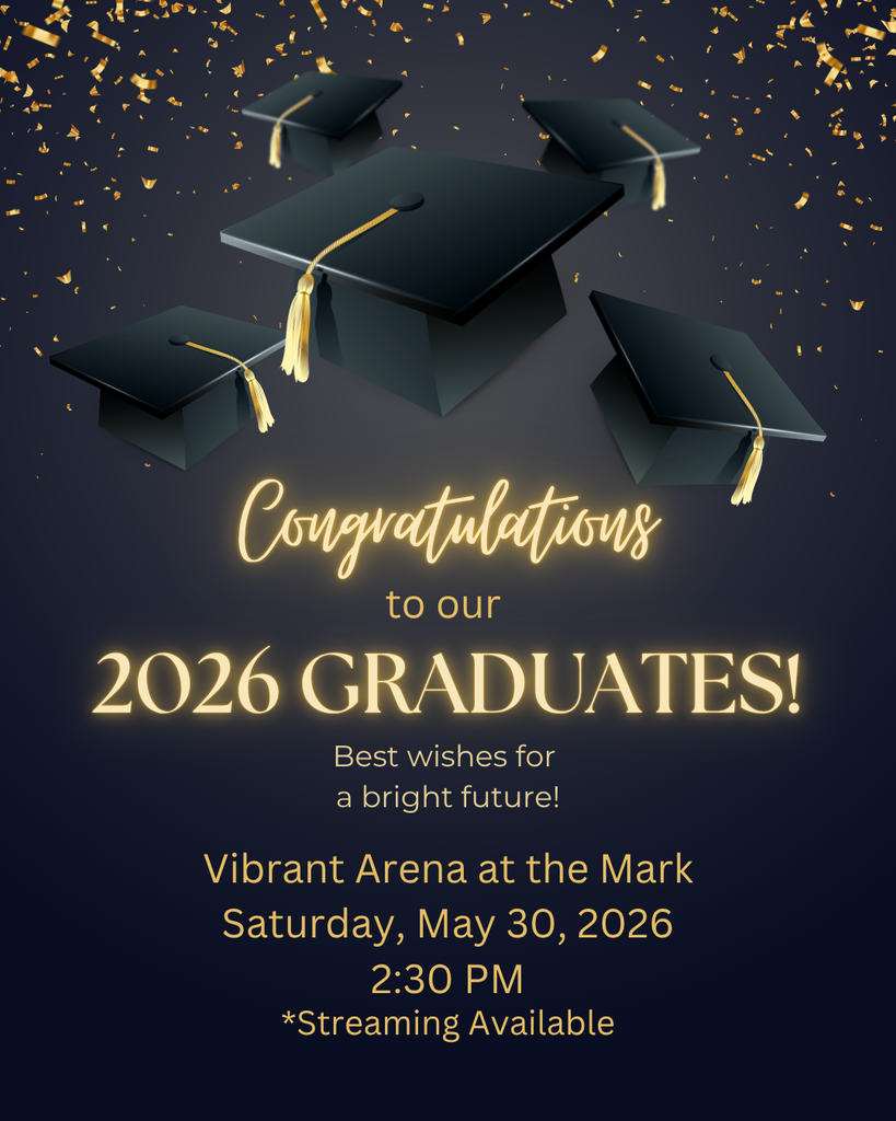 Five graduation caps with gold tassels on graphic celebrating the 2026 graduating class.