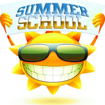 Smiling sun wearing glasses and holding up a sign that says summer school.