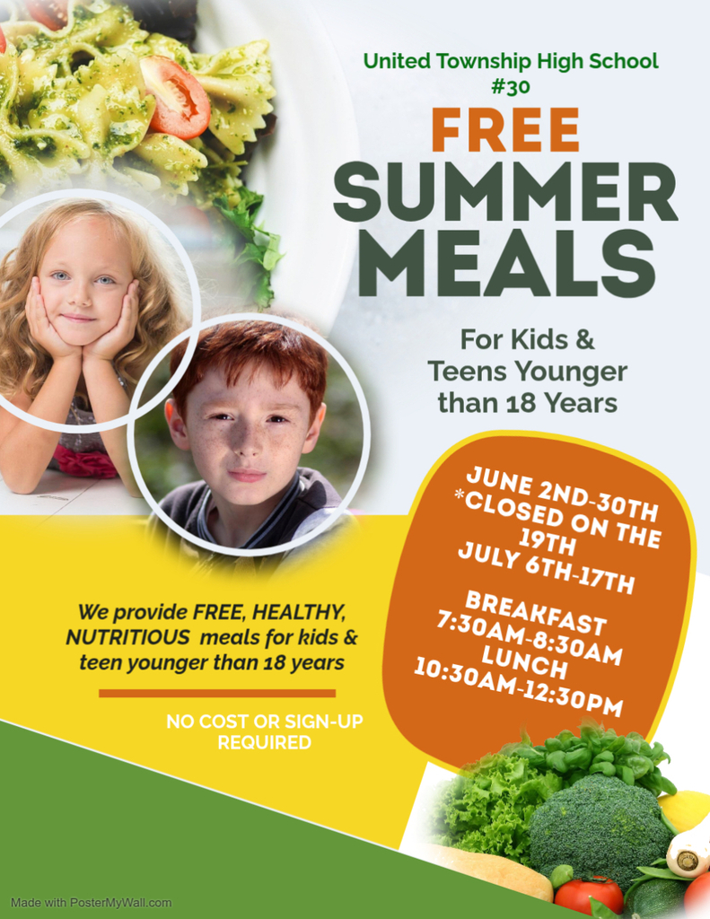 Summer meal flyer with image of pasta dish, vegetables and a young girl and boy.