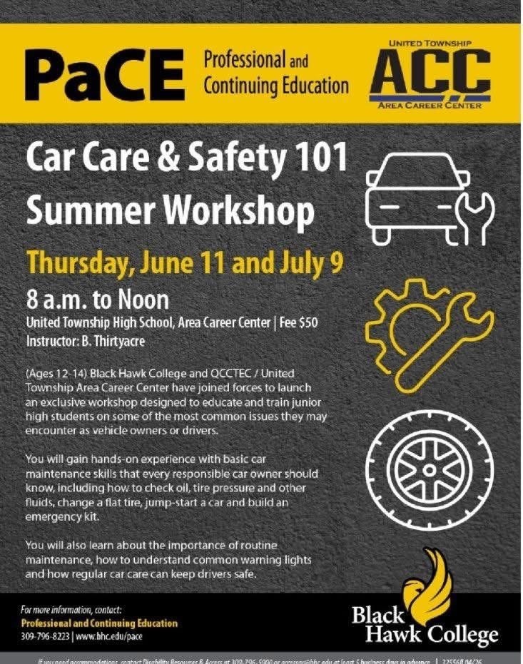 Car Care and Safety 101 class flyer. Has car, wrench, gear and wheel, along with the ACC and Black Hawk College logos.