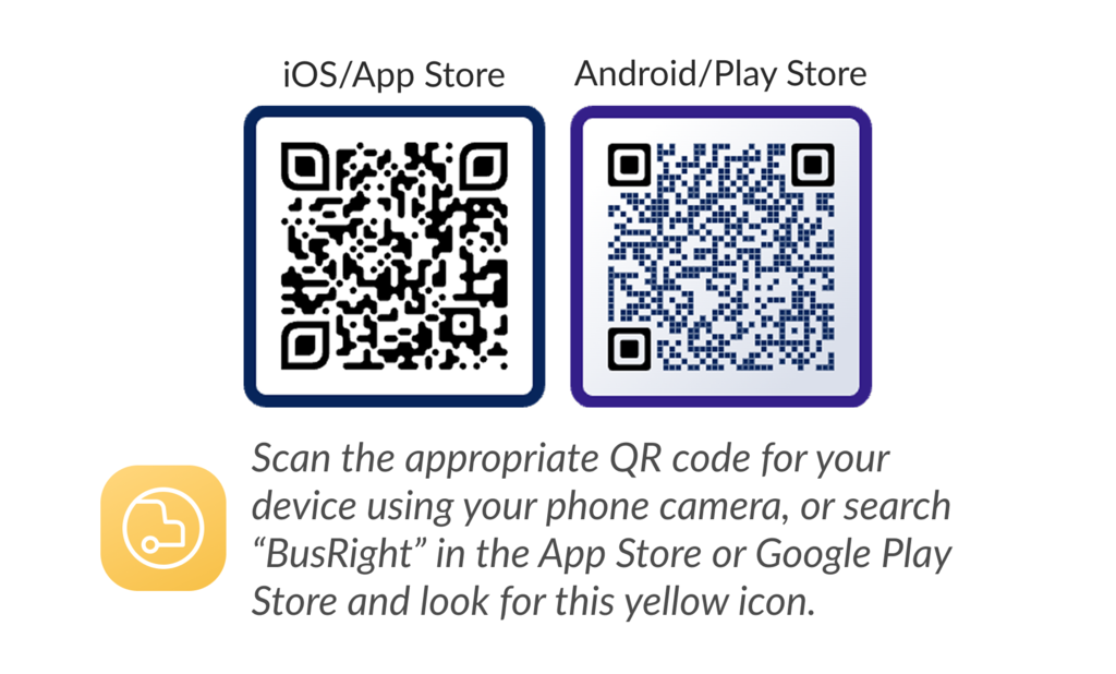 QR Codes and image of mobile app icon for BusRight app download.