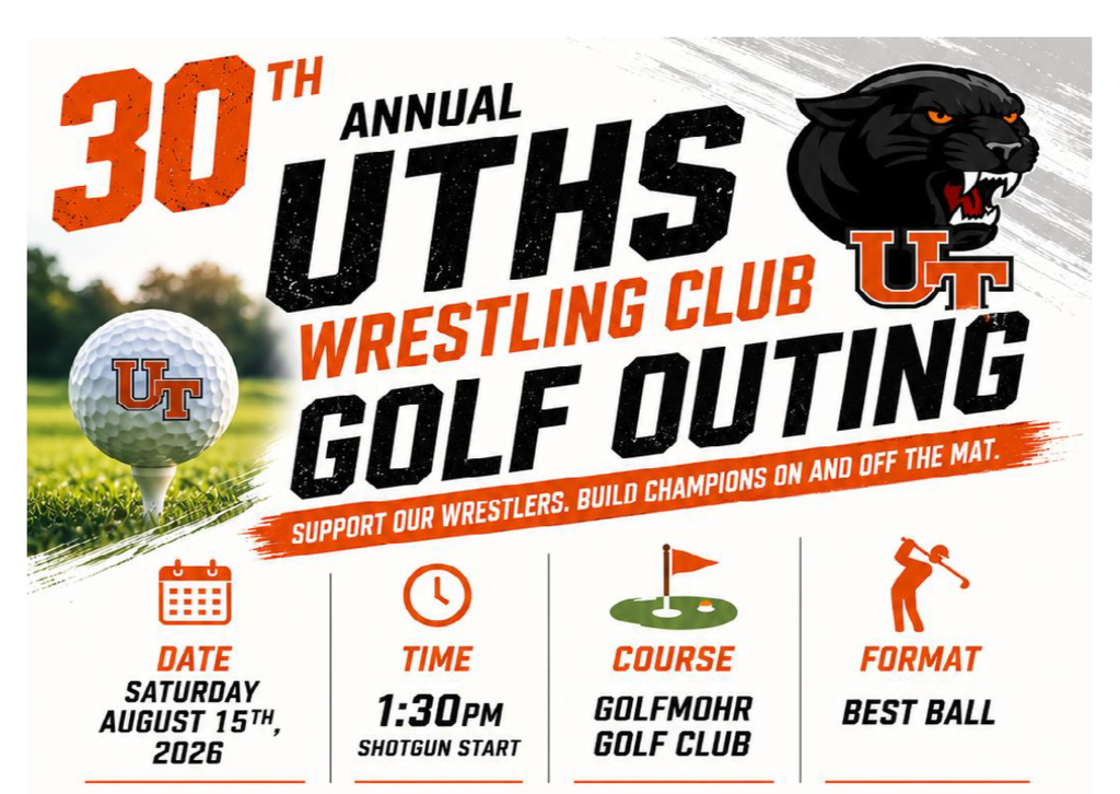 Golf Outing Promo with Panther head, golf ball on golf course, golf tee with flag and ball clip art and golfer clip art.