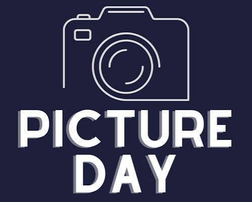 Black and white image with camera and printed words in white to announce picture day.