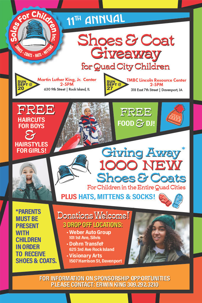 Shoe & Coat Giveaway flyer through Soles for Children. Image includes three children in winter scenes. Flyer talks about haircuts, food, and shoes and coats being given away and donations being accepted.