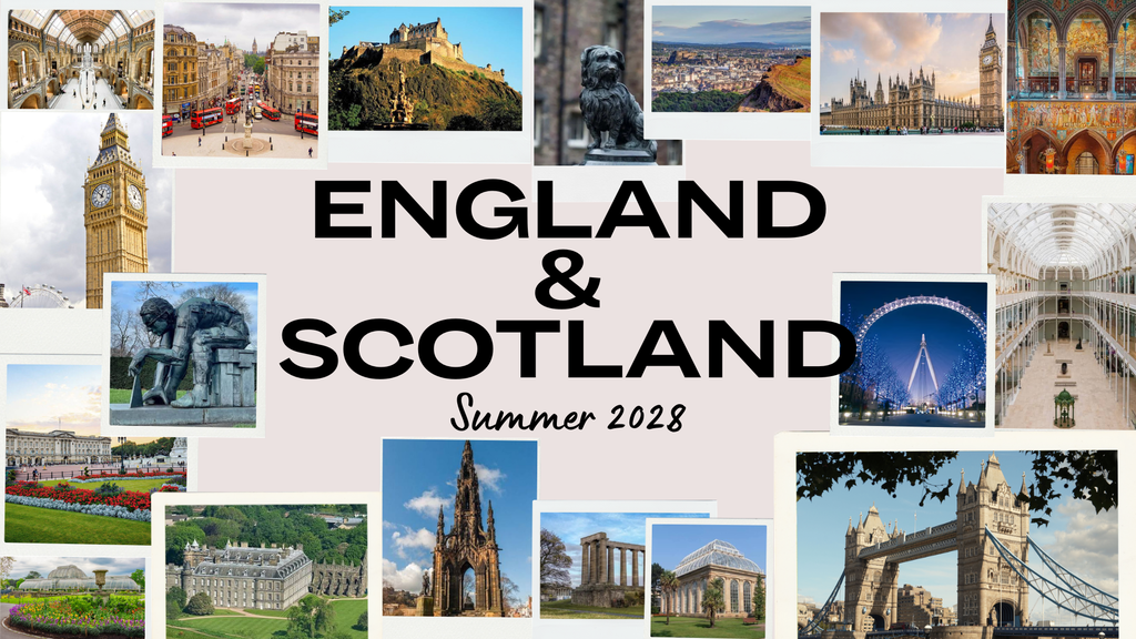 Picture collage of attractions in England  and Scotland.