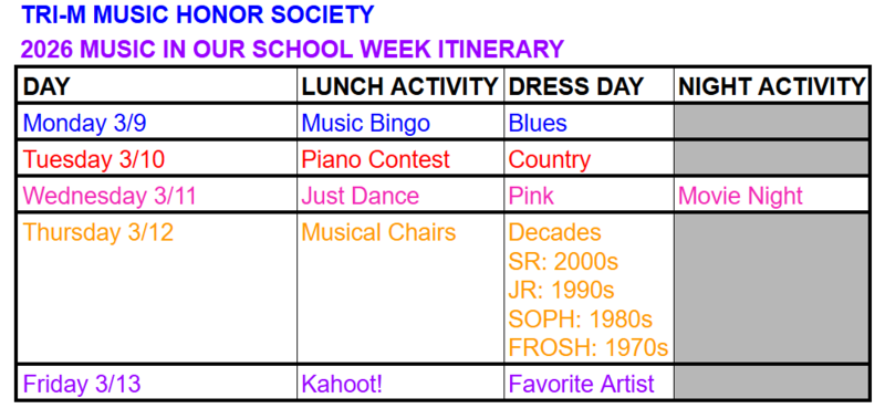Spirit Week Itinerary Table.
