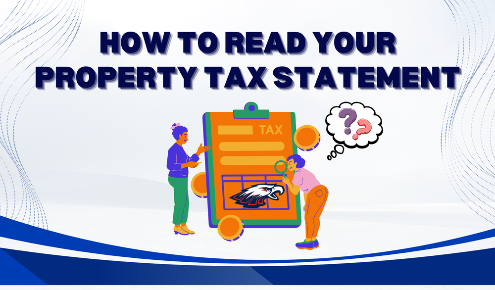 An educational graphic titled "How to Read Your Property Tax Statement." It features an illustration of two people examining a large tax document on a clipboard, which displays the Unity School District eagle logo. A thought bubble with a question mark sits next to the clipboard, set against a blue and white wavy background.