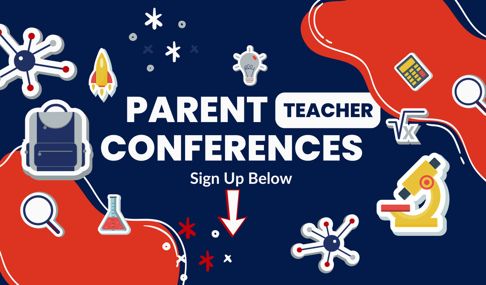 For the image you have uploaded, a clear and descriptive Alt Text would be:  "Graphic for Parent Teacher Conferences featuring school-themed icons like a rocket, backpack, and microscope, with text that reads 'Parent Teacher Conferences - Sign Up Below' and a red arrow pointing down.
