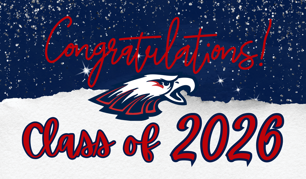 Congratulations! Class of 2026" featuring the Unity Eagles logo on a snowy, starry blue and white background.