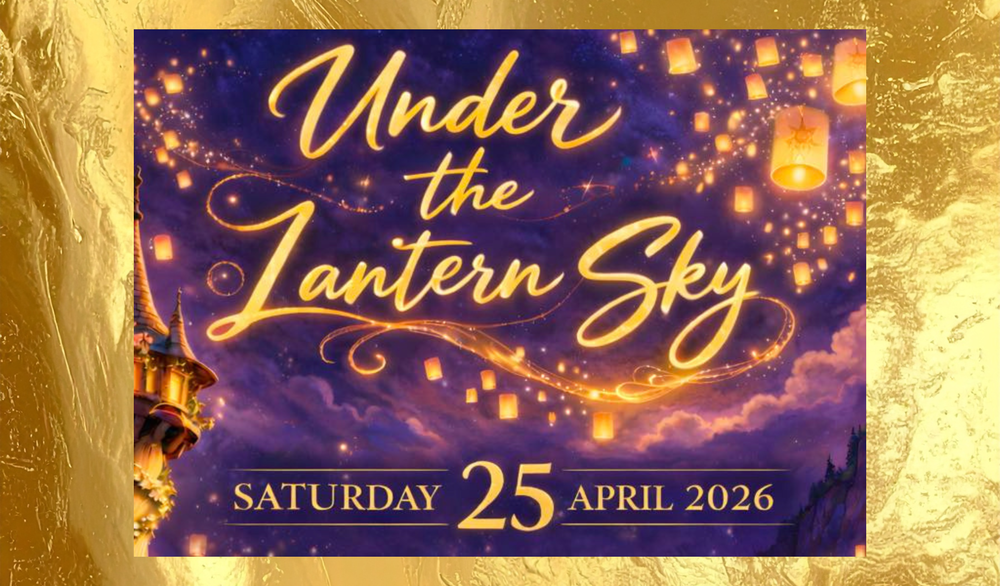 Based on the image you've uploaded for the Unity School District's event, here is a concise and descriptive alt text: "Event poster for 'Under the Lantern Sky' featuring a magical night scene with a stone tower, glowing lanterns floating in a purple and gold starry sky, and a sparkling trail of light. The text reads: Saturday, April 25, 2026.