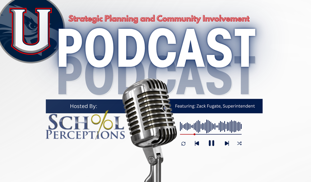 Graphic for "The School Perceptions Podcast" featuring a vintage microphone and sound waves. Text reads: "Strategic Planning and Community Involvement," "Hosted By: School Perceptions," and "Featuring: Zack Fugate, Superintendent.
