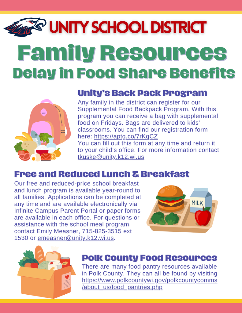 Family Resources Delay in Food Share Information: Unity's Back Pack Program, Free and Reduced Lunch Program and Polk County Food Resources
