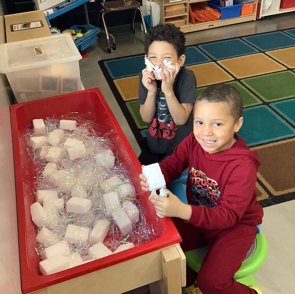 picture of two busy bug students learning styrofoam blocks 