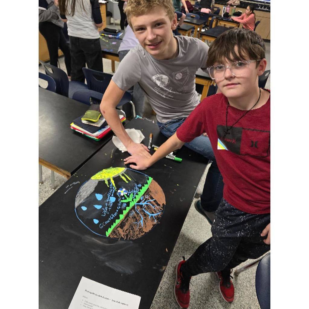 picture of 7th grade science  students the drawing photosynthesis cycle on the black science tables using chalk markers
