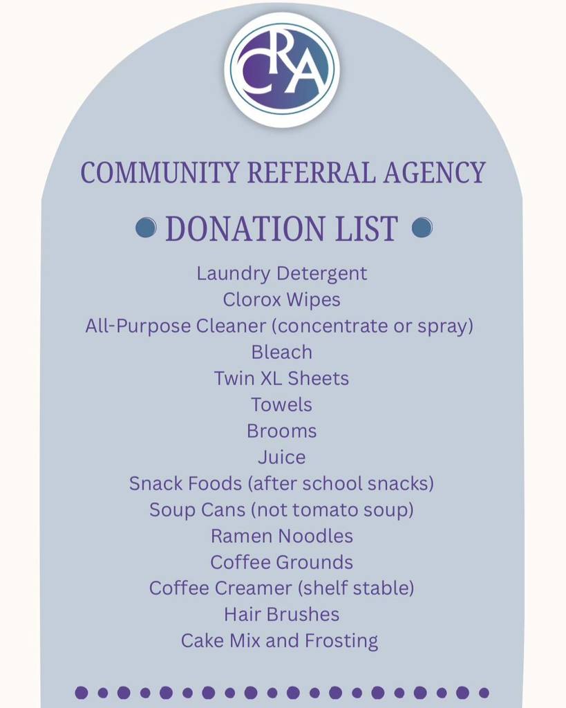 flyer of donations list and items needed for the Community Referral Agency