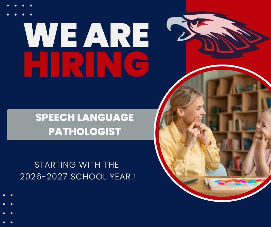 For the Speech Language Pathologist hiring graphic, here is a short and effective alt text:  "Hiring graphic for a Speech Language Pathologist at Unity School District for the 2026-2027 school year