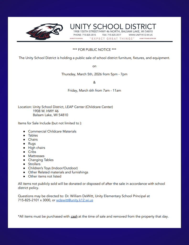 Public notice for a Unity School District sale at the LEAP Center. Dates: Thursday, March 5, 2026, from 5 PM to 7 PM and Friday, March 6, 2026, from 7 AM to 11 AM. Items include childcare materials, furniture, and toys. Cash only.