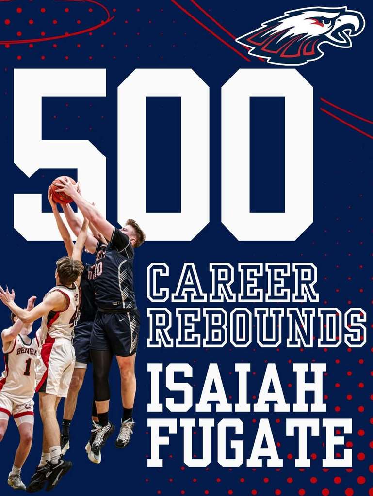 Graphic celebrating Unity basketball player Isaiah Fugate for reaching 500 career rebounds. The image shows Isaiah jumping for a rebound during a game.
