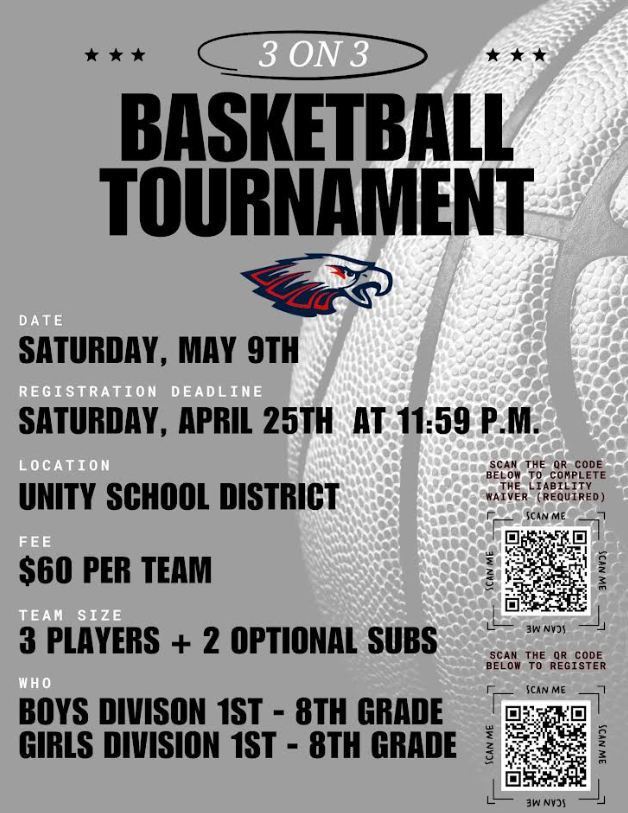 For your basketball tournament graphic, here are two short alt text options:  Option 1 (Detailed):  "Basketball Tournament flyer for Unity School District on May 9th. Registration deadline is April 25th. Cost is $60 per team for boys and girls in 1st through 8th grade