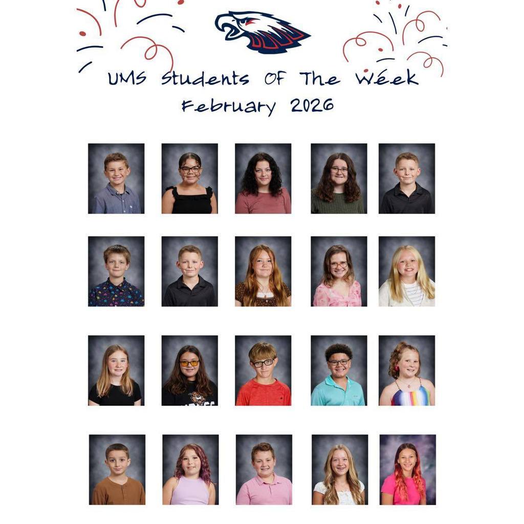 A graphic titled "UMS Students of the Week February 2026" featuring a grid of 20 individual headshots of students against a white background with decorative doodles.