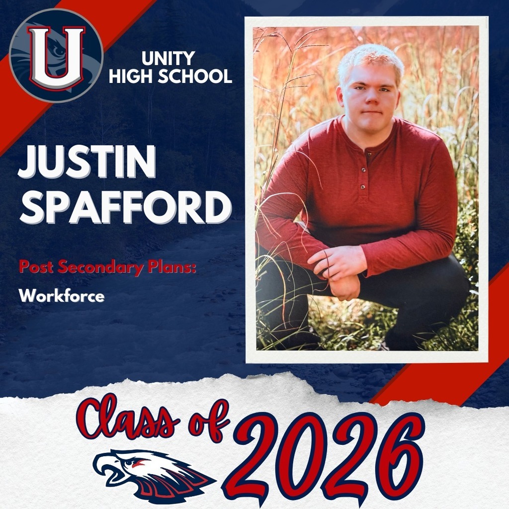 Graphic featuring a senior portrait of Unity High School student Justin Spafford, with text indicating his post-secondary plan is workforce, surrounded by "Class of 2026" branding.