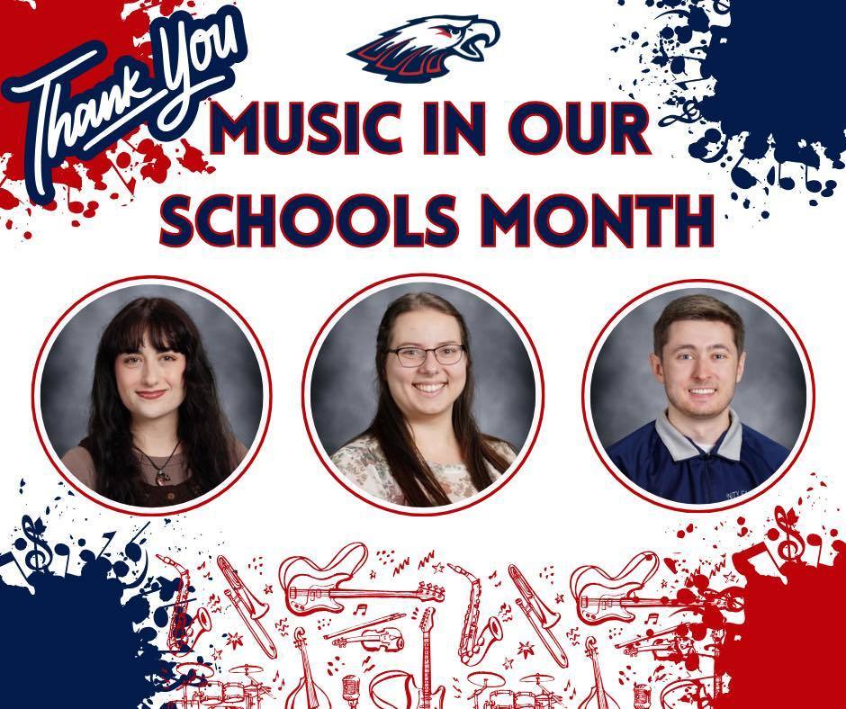 Graphic titled "Music in Our Schools Month" featuring "Thank You" text, decorative musical instrument doodles, and headshots of the three music teachers: Karlie Hansen, Meredith Sorel, and Alex Bates.