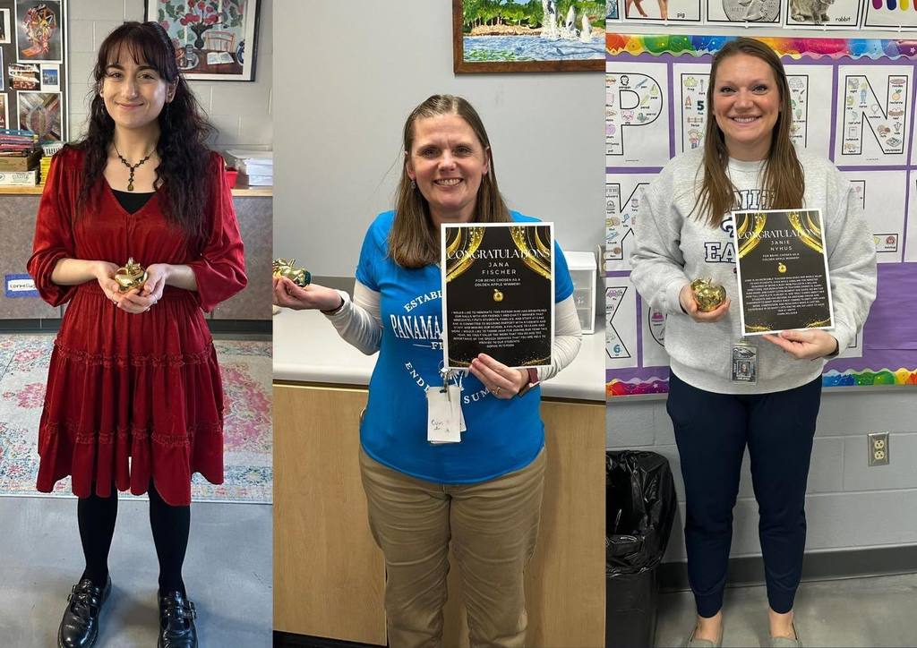 A collage of three photos featuring Unity educators Karlie Hansen, Jana Fischer, and Janie Nyhus. Each teacher is smiling and holding a 'Golden Apple' award and a celebratory certificate inside a school setting.