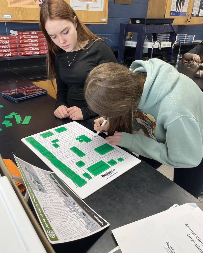 Two high school students at a lab table working together to design a veterinary clinic layout using green and white square tiles on a grid sheet.