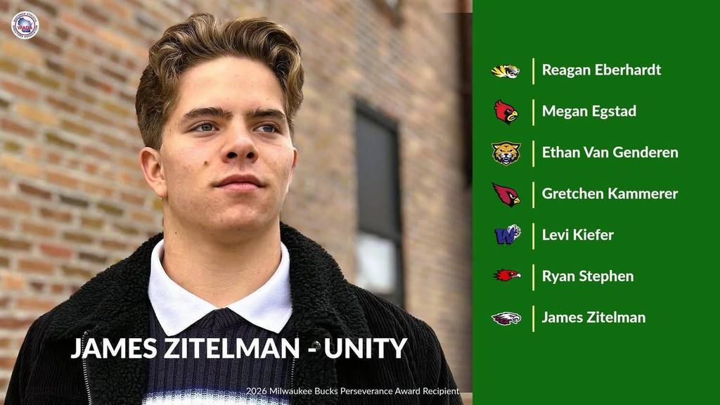 A celebratory graphic for James Zitelman, a 2026 Milwaukee Bucks Perseverance Award Recipient from Unity School District. The left side features a portrait of James, while the right side lists him alongside six other recipients: Reagan Eberhardt, Megan Egstad, Ethan Van Genderen, Gretchen Kammerer, Levi Kiefer, and Ryan Stephen.