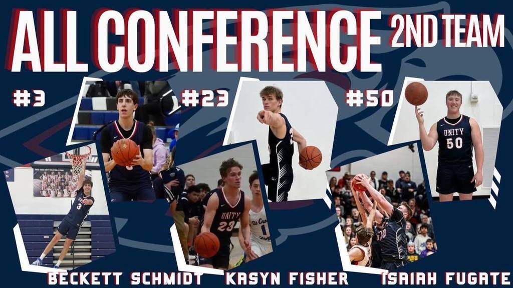 A sports graphic titled 'All Conference 2nd Team' featuring three Unity Boys Basketball players. It includes action shots and portraits of #3 Beckett Schmidt, #23 Kasyn Fisher, and #50 Isaiah Fugate, set against a dark blue and white geometric background with the Unity Eagles logo.