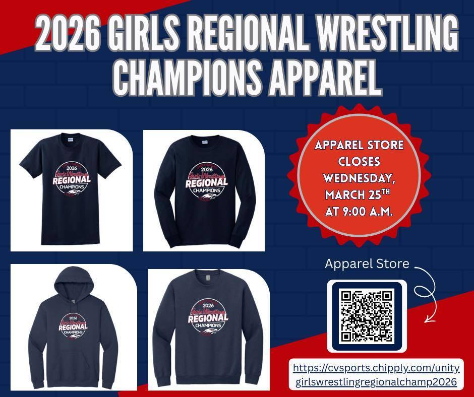 A promotional graphic titled '2026 Girls Regional Wrestling Champions Apparel.' It features photos of four black apparel items: two t-shirts and two hoodies, each printed with a circular 'Regional Champions' logo. A red burst in the corner states 'Apparel Store Closes Wednesday, March 25th at 9:00 A.M.' and includes a QR code and website link for ordering.