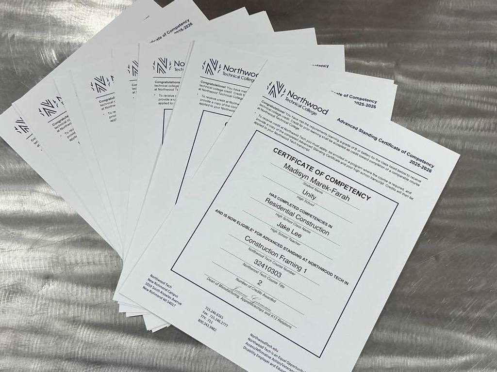 A fan of several Northwood Technical College "Advanced Standing Certificates of Competency" for Unity High School students. The top certificate is for Residential Construction, specifically awarding credits for Construction Framing 1.