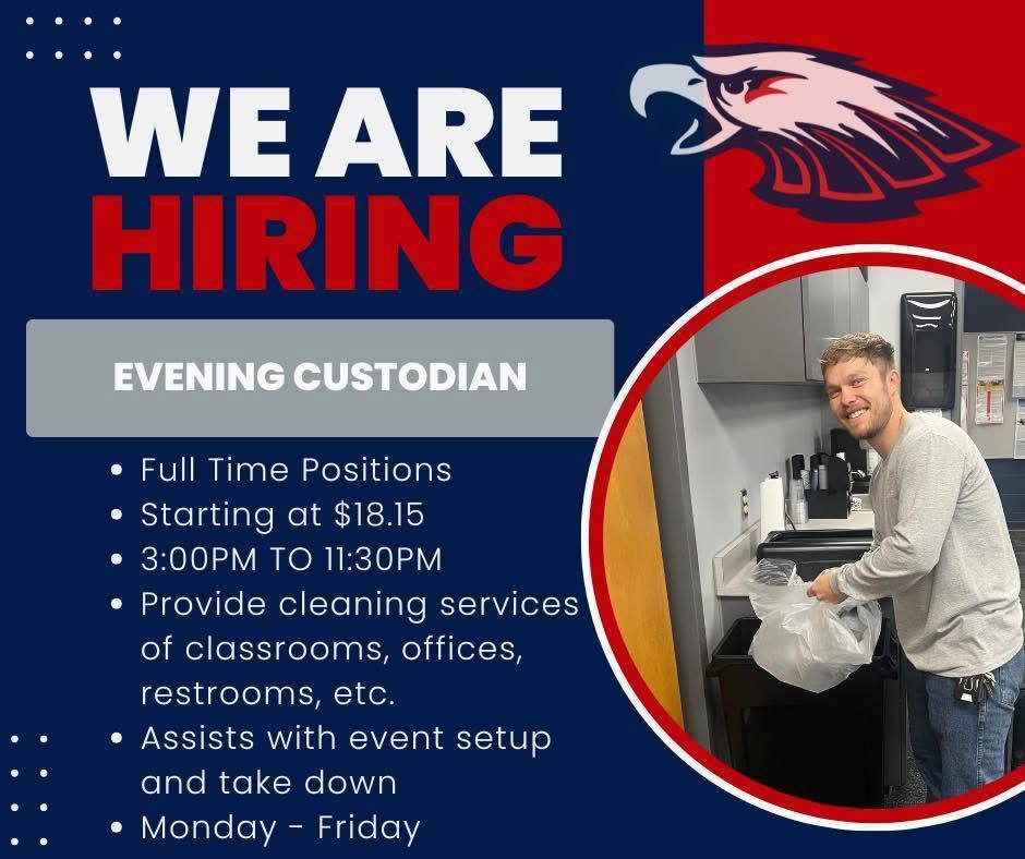 Hiring graphic for an Evening Custodian at Unity School District. Text includes: Full-time positions starting at $18.15, hours 3:00 PM to 11:30 PM, Monday–Friday. Responsibilities include cleaning and event setup.