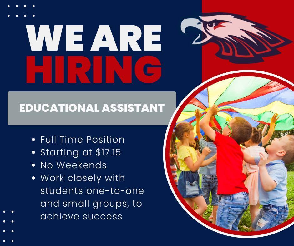 Recruitment graphic for a Unity Educational Assistant position showing children playing with a parachute and the district logo.