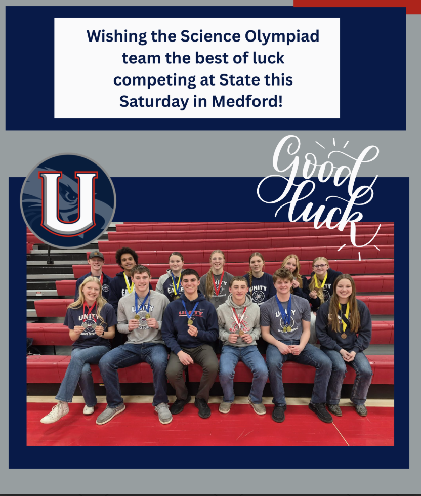 Unity School District Science Olympiad team posing for a photo on bleachers. The graphic features a navy blue border, the Unity 'U' logo, 'Good Luck' in script, and text wishing the team luck at the State competition in Medford.