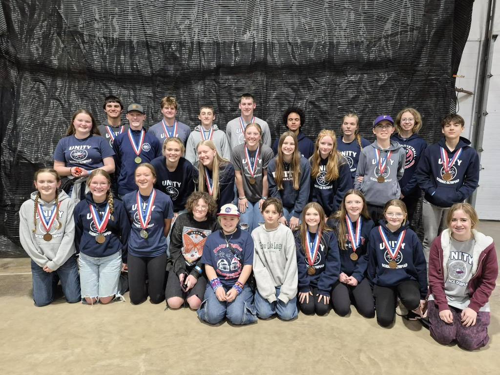 Unity School District’s varsity and middle school Science Olympiad teams posing with their medals at the Wisconsin State Competition.