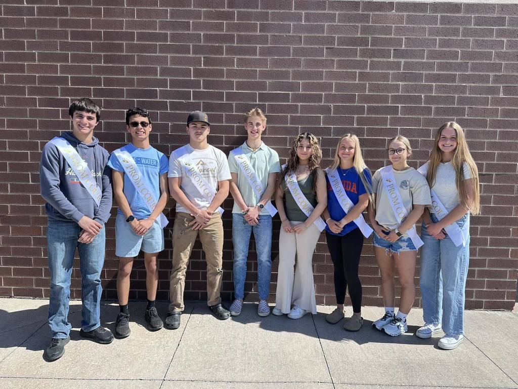 Eight members of the 2026 Junior Prom Court standing in a line against a brick wall. The four boys and four girls are wearing formal sashes that read "Prom Court" over their casual outfits and are smiling for the camera.