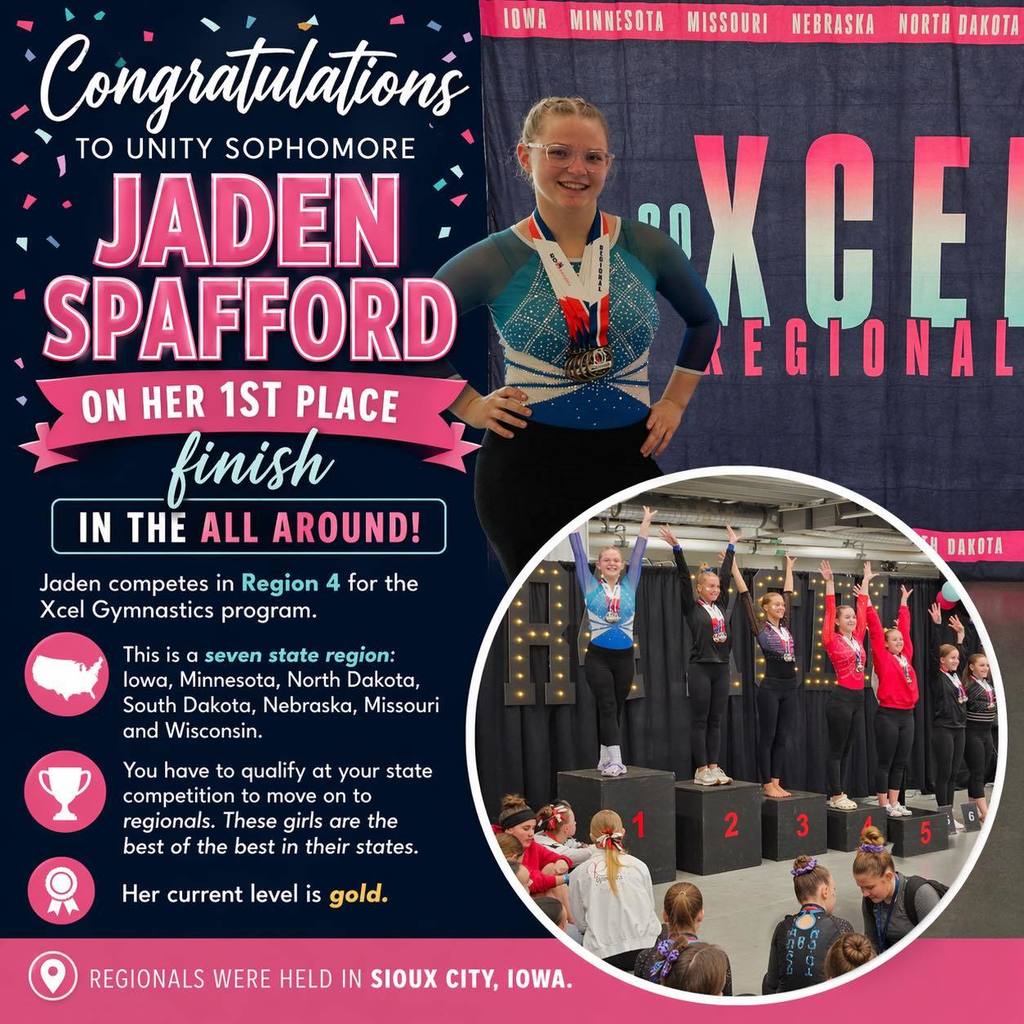 Commemorative graphic honoring Unity gymnast Jaden Spafford for her 1st place All-Around finish at the Xcel Regional gymnastics competition.