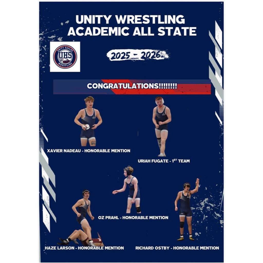 Commemorative graphic honoring five Unity Wrestling Academic All-State student-athletes for the 2025–2026 season, featuring the school's wrestling logo and photos of the honorees.