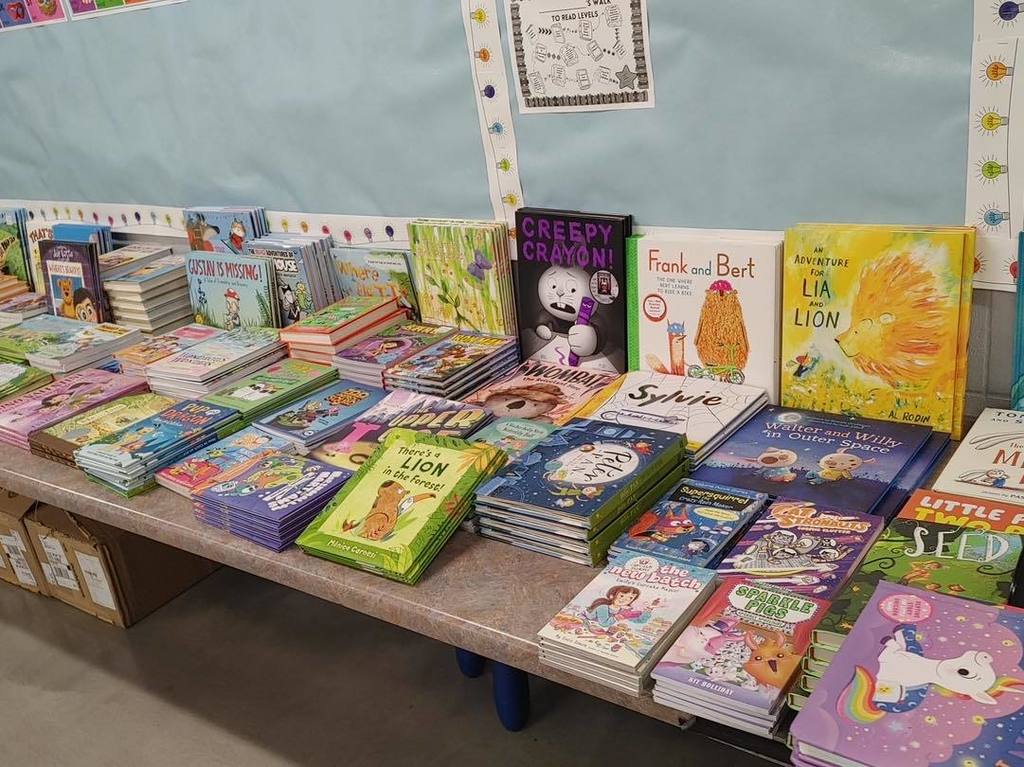 A wide variety of brand-new children's books and graphic novels spread out across a classroom counter, part of a generous donation to Unity students.