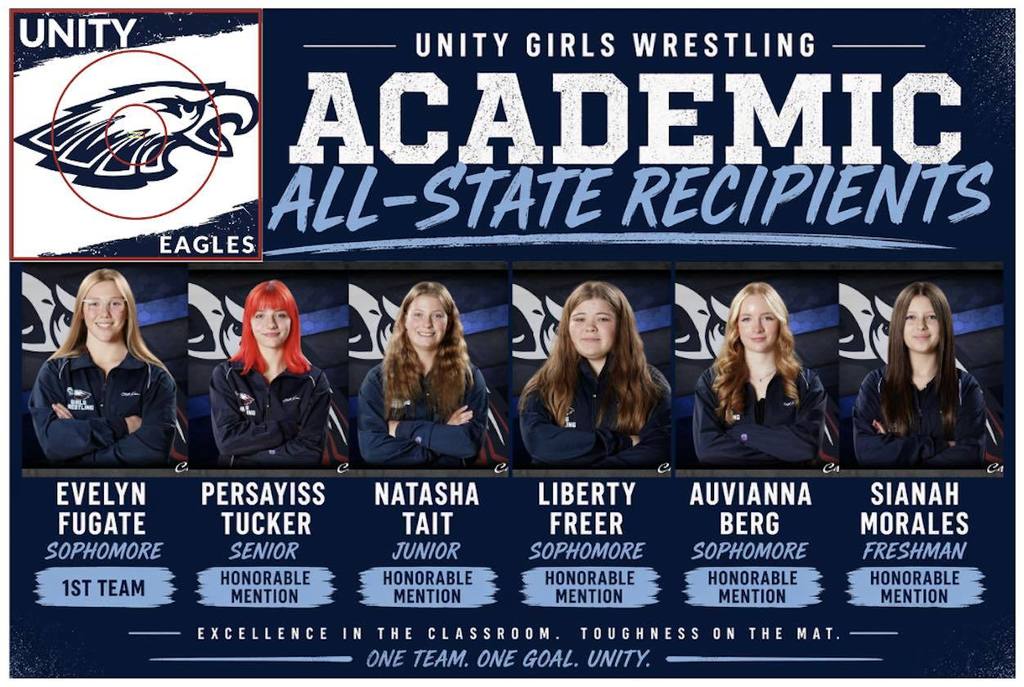 Unity Girls Wrestling Academic All-State graphic for the 2025–2026 season, honoring six student-athletes for excellence in the classroom and on the mat. Includes names and individual photos of the 1st Team and Honorable Mention recipients.