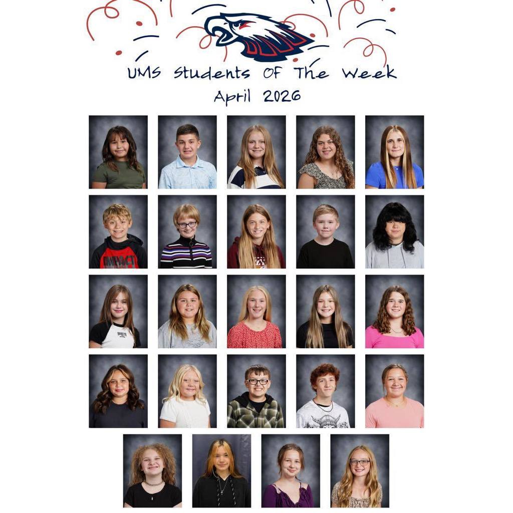 A composite graphic titled "UMS Students of the Week April 2026" featuring individual school portraits of 24 middle school students arranged in a grid. The Unity School District eagle logo and festive red and blue confetti decorations are at the top.