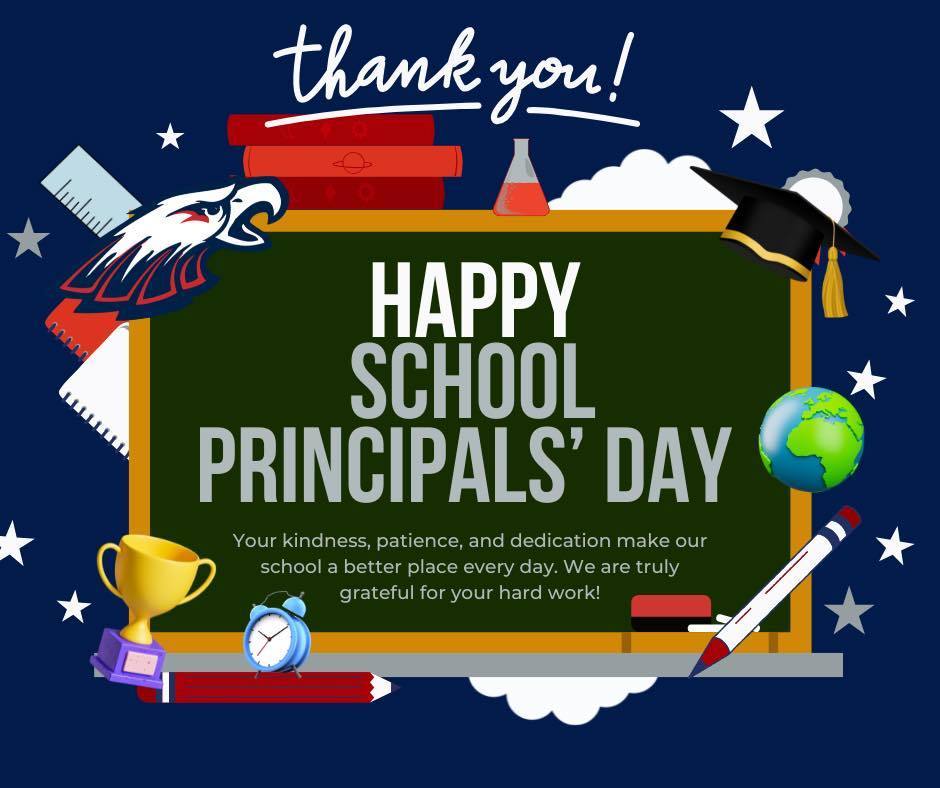 A "Happy School Principals' Day" graphic featuring a chalkboard with a message of gratitude. The board is surrounded by school-themed illustrations including a Unity eagle, a graduation cap, a globe, books, a trophy, and various classroom supplies against a dark blue background with stars.