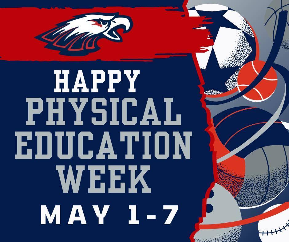 A graphic celebrating "Happy Physical Education Week May 1-7." The design features the Unity School District eagle logo in the top left and a collection of sports equipment illustrations on the right, including a soccer ball, basketball, football, and baseball, against a navy blue and red background.