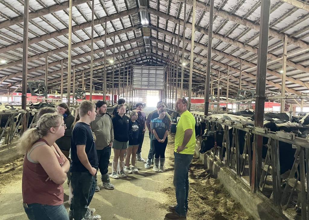 A man in a bright yellow t-shirt stands in a large, modern dairy barn, speaking to a group of students. The students are gathered in the center aisle, listening as they observe rows of dairy cows in stalls on either side of the facility.