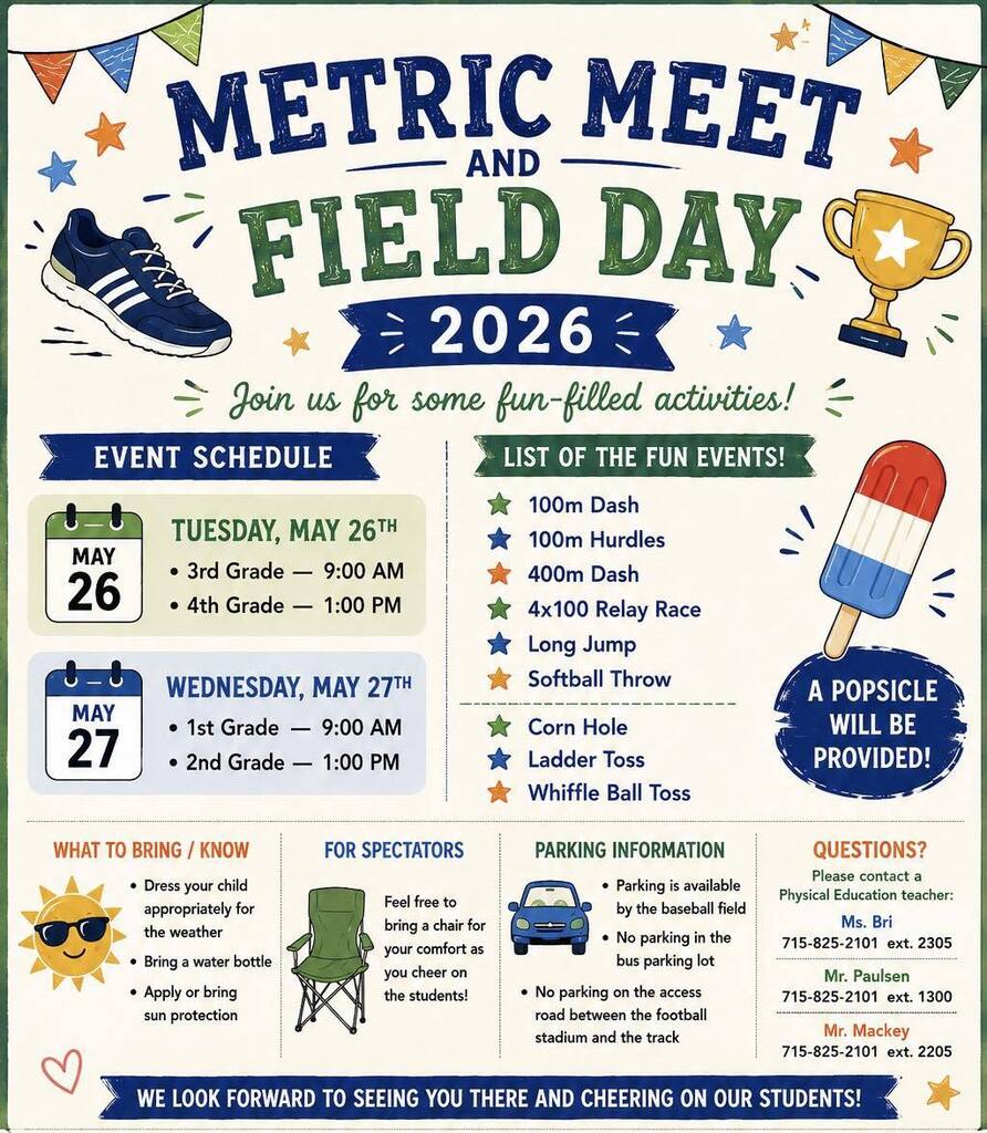 A colorful event flyer for 'Metric Meet and Field Day 2026' featuring illustrations of a sneaker, a trophy, and a popsicle. It lists the event schedule for grades 1 through 4 on May 26th and 27th, along with a list of activities including the 100m Dash, Long Jump, and Corn Hole.